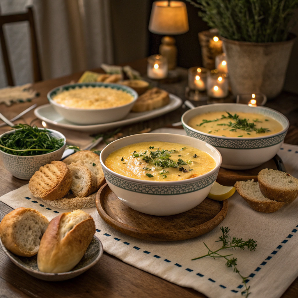Family-style serving of Hearty Cheddar Garlic Herb Potato Soup with herb garnish