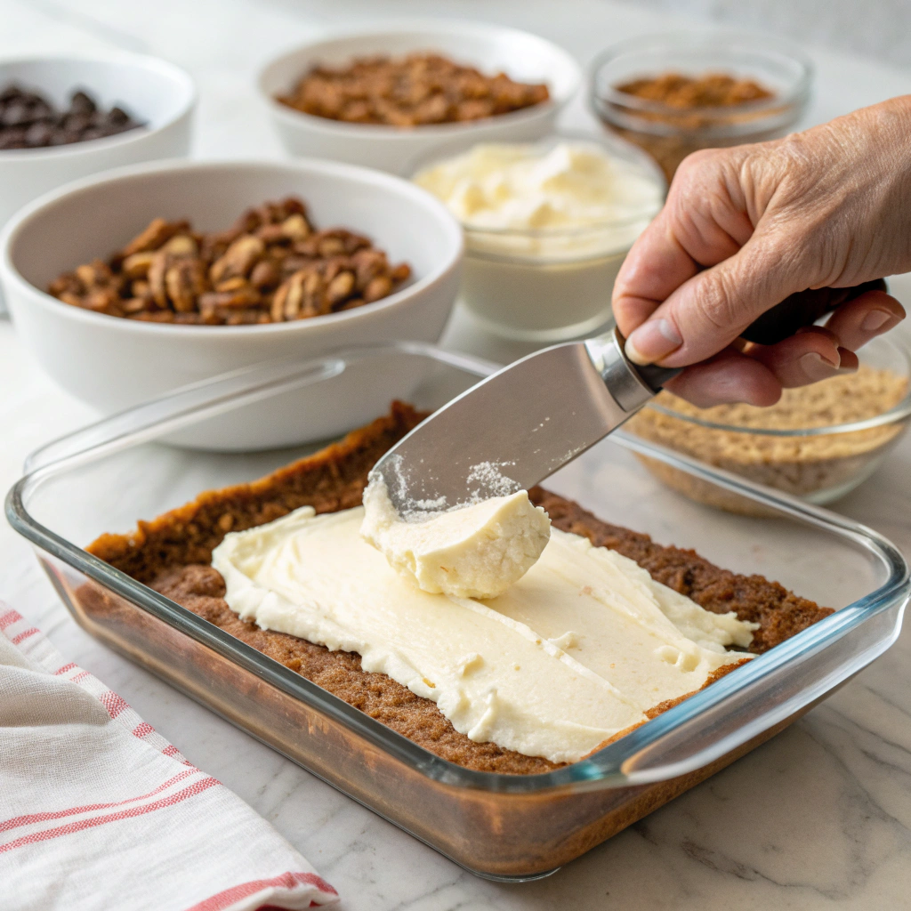 Spreading cream cheese layer for Sex in a Pan dessert recipe