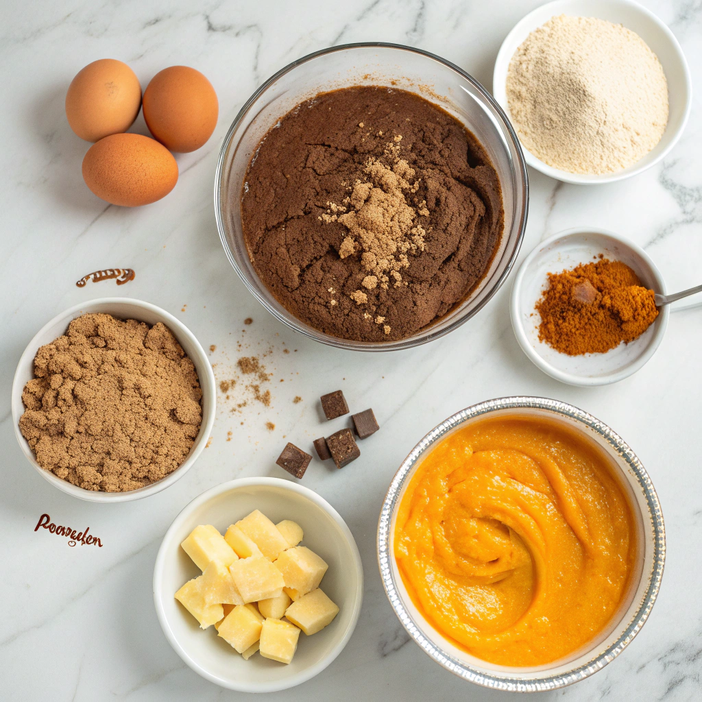 Ingredients and mixtures for making chocolate pumpkin cheesecake bars recipe