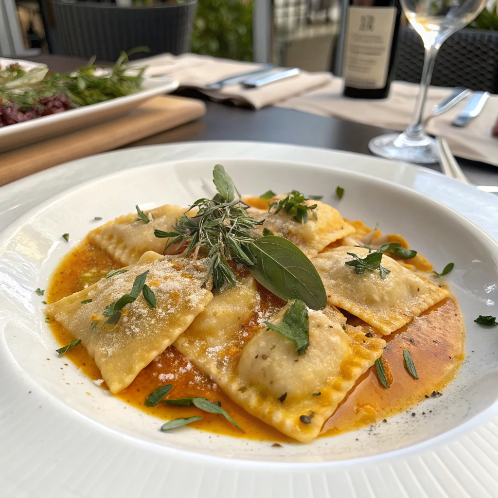 Finished homemade pumpkin ravioli with garlic brown butter ready to serve