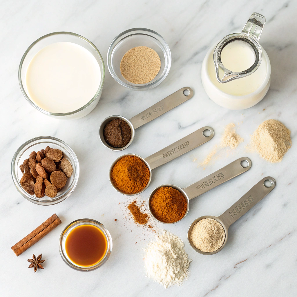 Pumpkin spice latte ingredients and spice blend measurements for homemade recipe