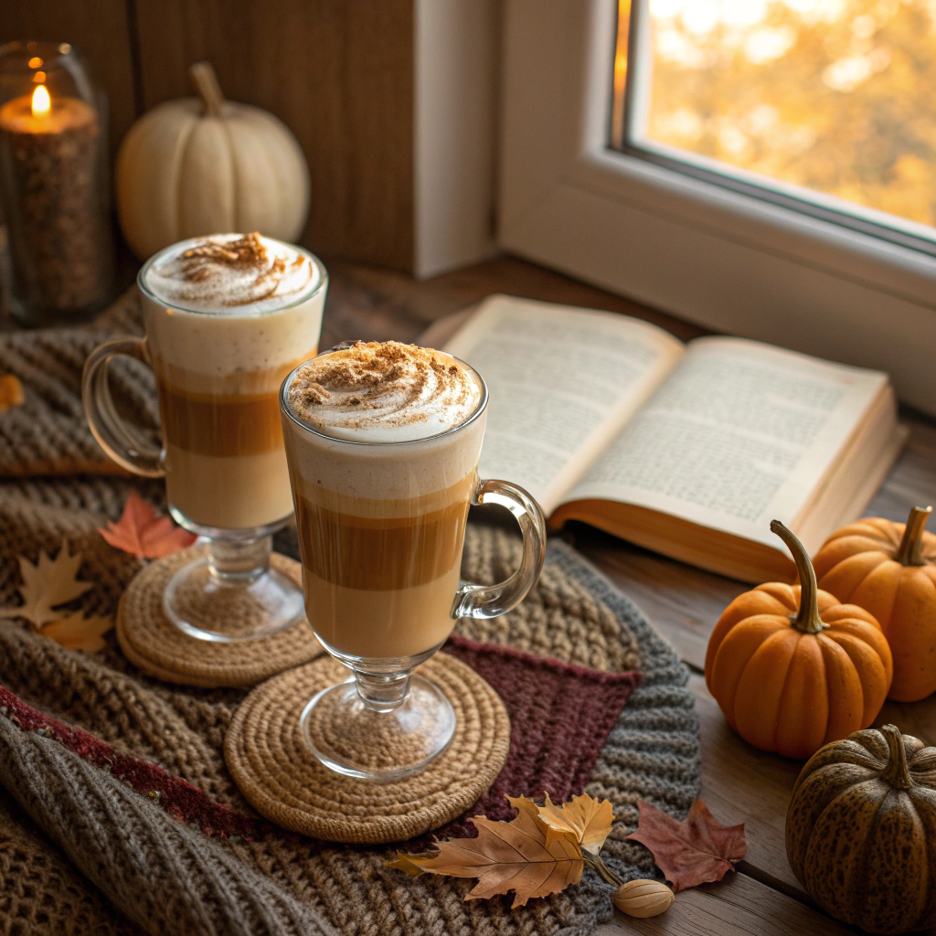 Enjoying homemade pumpkin spice latte in cozy autumn setting with fall decorations