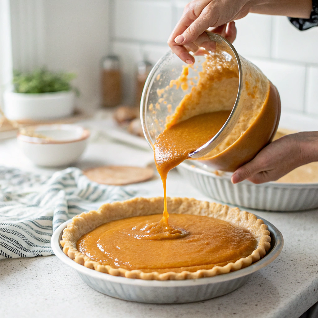 Pouring pumpkin pie filling into crust - simple pumpkin pie instructions