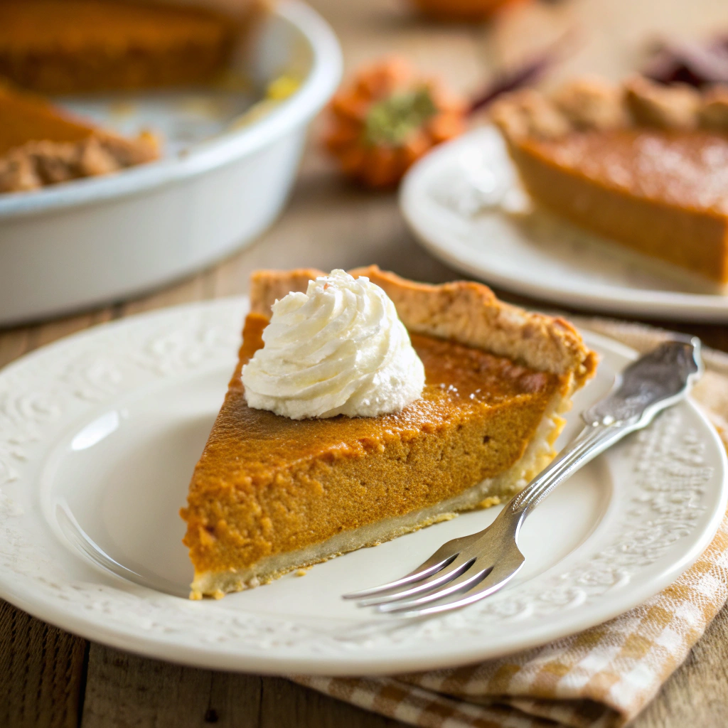 Perfect slice of easy pumpkin pie with whipped cream - finished result
