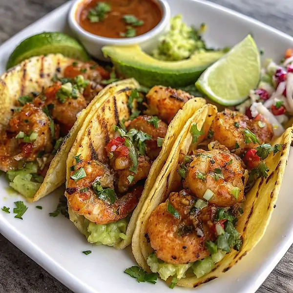 SPICY SHRIMP TACOS WITH GARLIC CILANTRO LIME SLAW