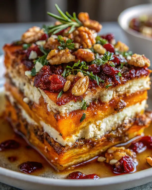 Layered Sweet Potato, Butternut Squash, Carrot Lasagna with Feta, Walnuts, and Cranberry-Honey Glaze
