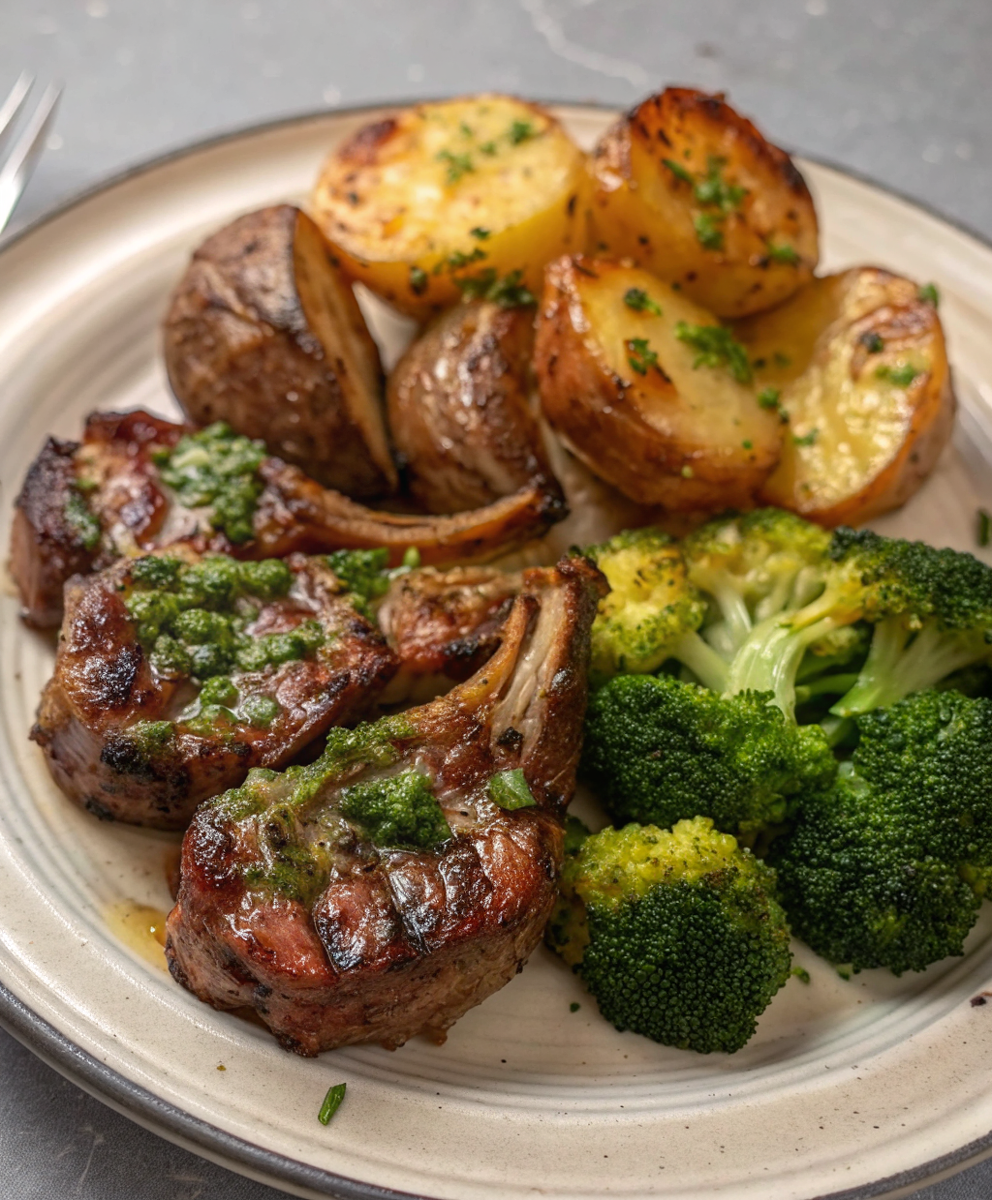 Broiled Lamb Chops with Roasted Potatoes and Broccoli