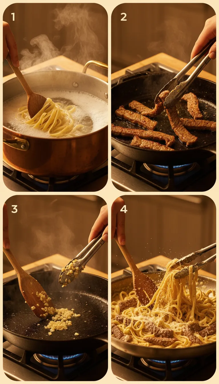 Beef With Pasta in Creamy Garlic Sauce Step by Step