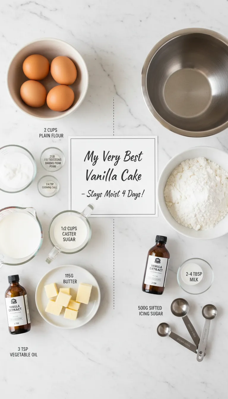 My very best Vanilla Cake - stays moist 4 days! Ingredients