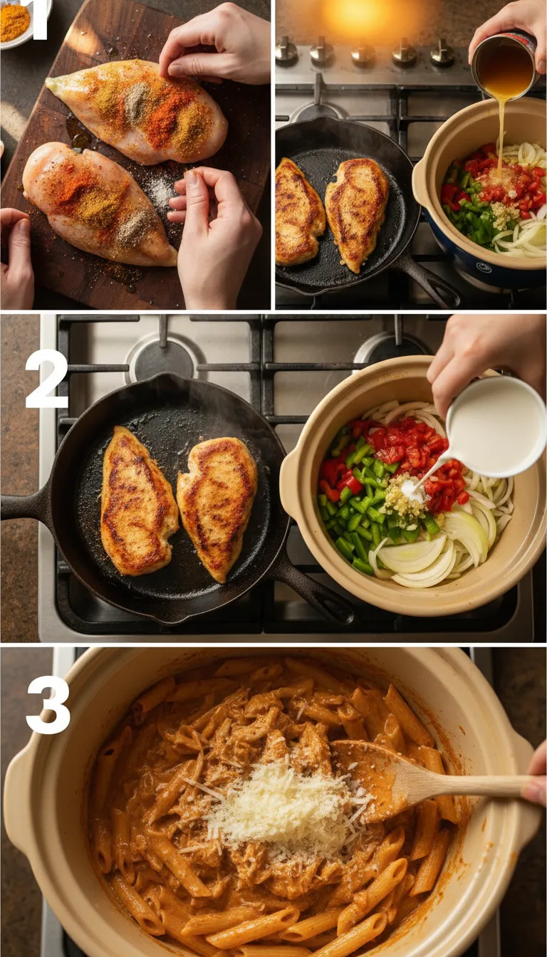 Crock Pot Creamy Cajun Chicken Pasta Step by Step