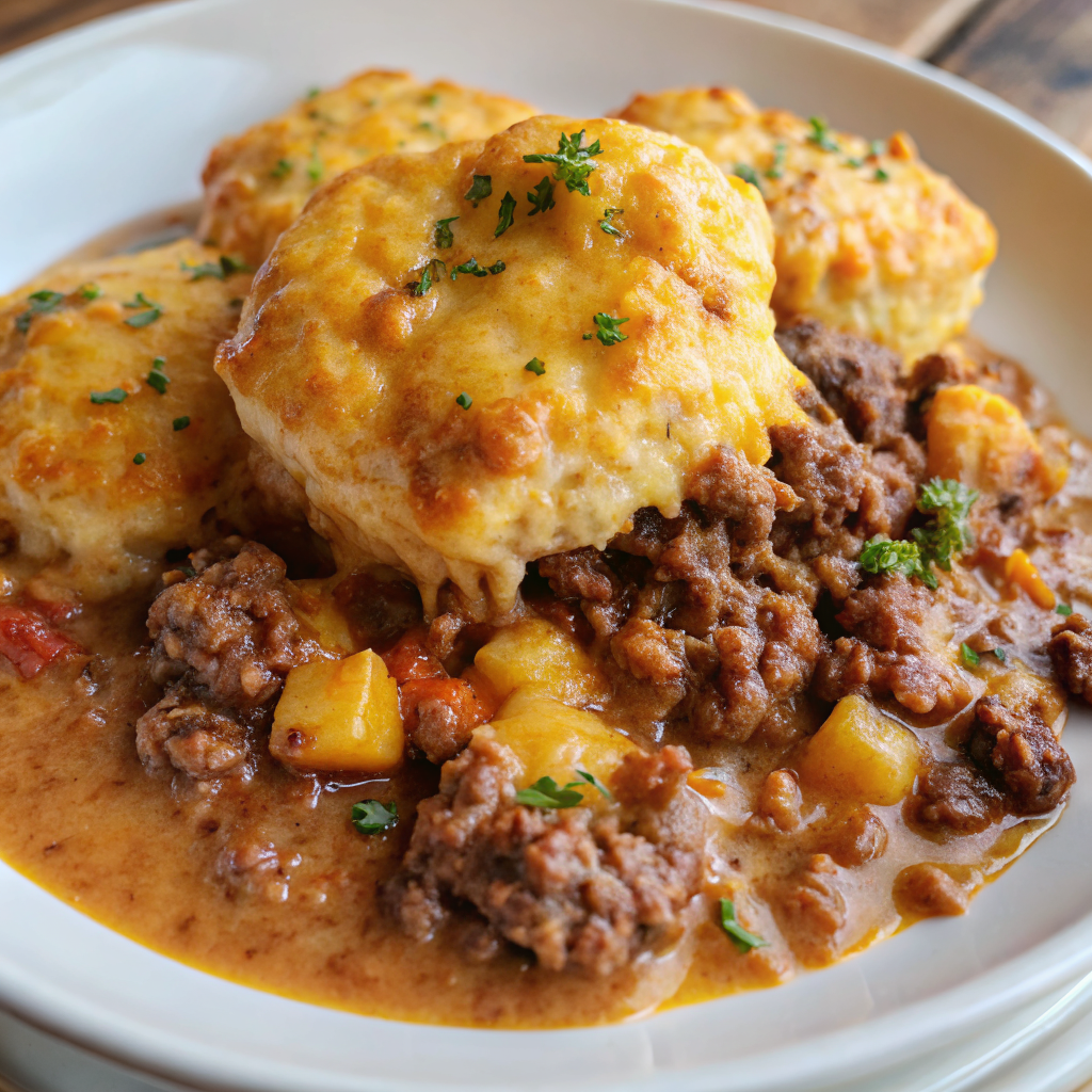 Hearty Cattle Drive Casserole with Cheesy Biscuits