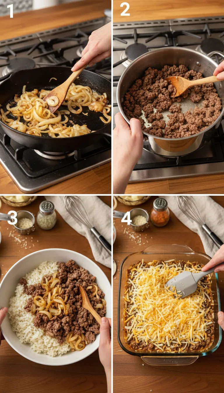 French Onion Ground Beef and Rice Casserole Step-by-Step
