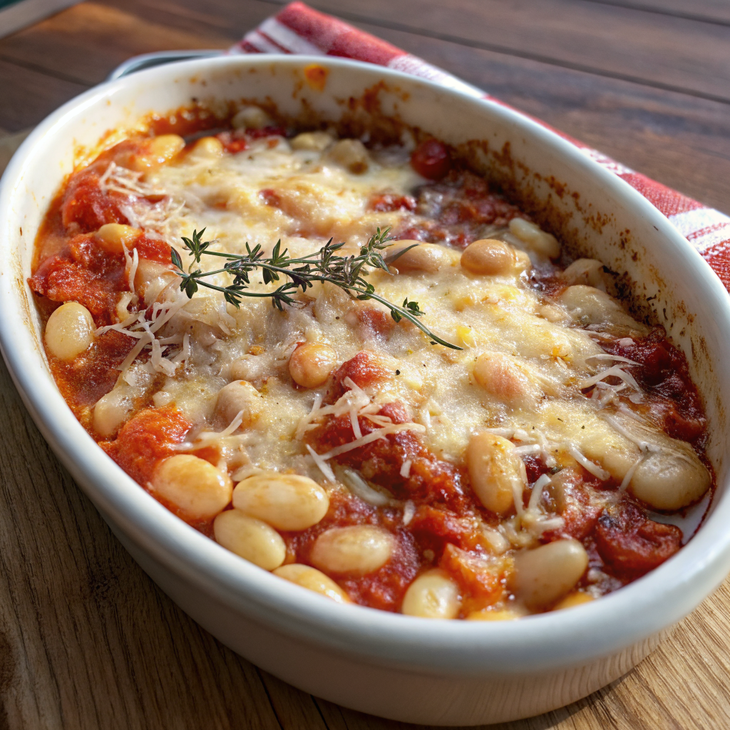 Hearty Baked White Beans with Tomato Sauce and Cheesy Topping