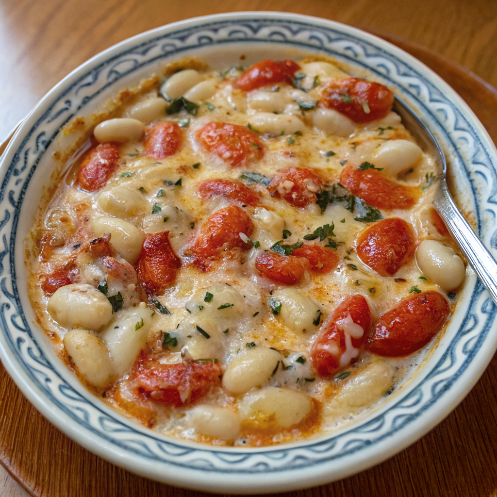 Hearty Cheesy White Bean Tomato Bake