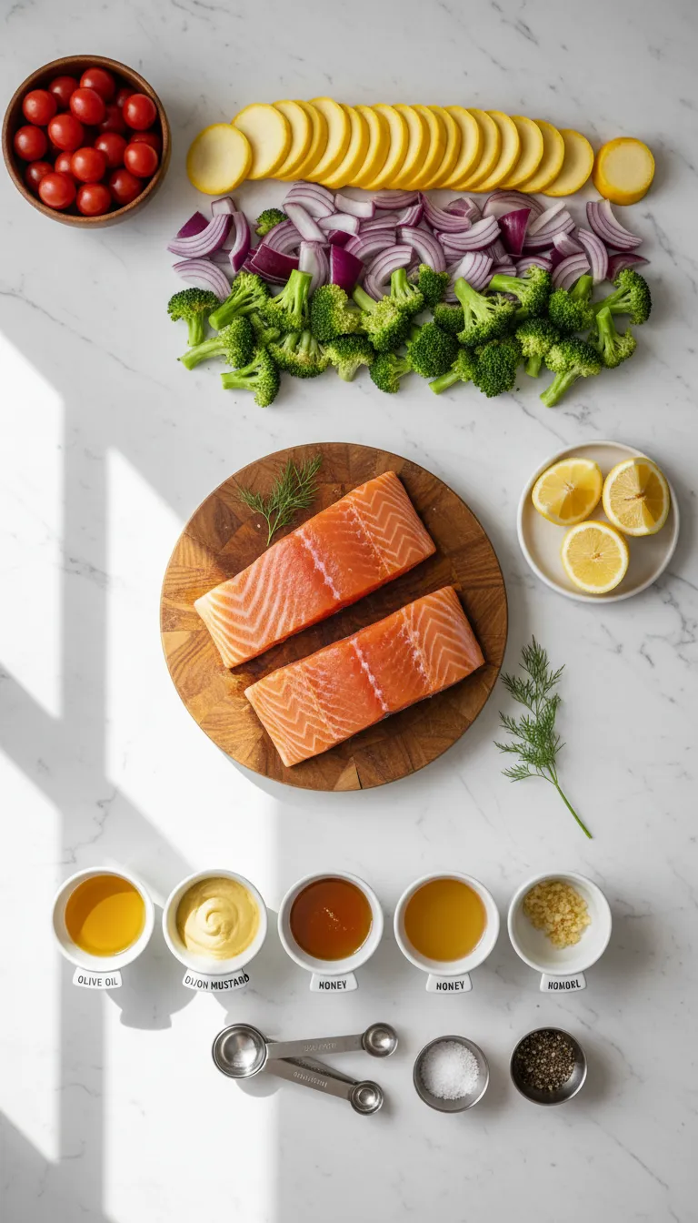 Sheet Pan Honey Mustard Salmon with Rainbow Veggies Ingredients