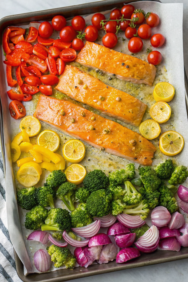 Sheet Pan Honey Mustard Salmon with Rainbow Veggies