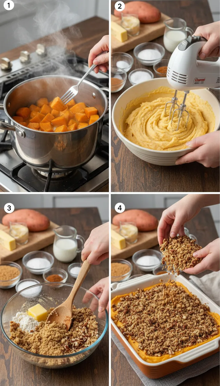 Sweet Potato Casserole with Butter Pecan Crumble Topping Step-by-Step