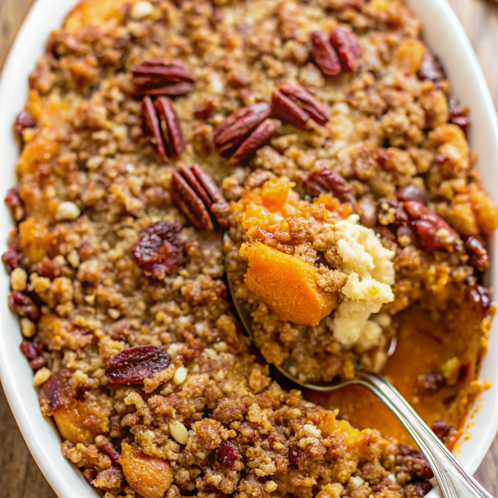 Sweet Potato Casserole with Butter Pecan Crumble Topping