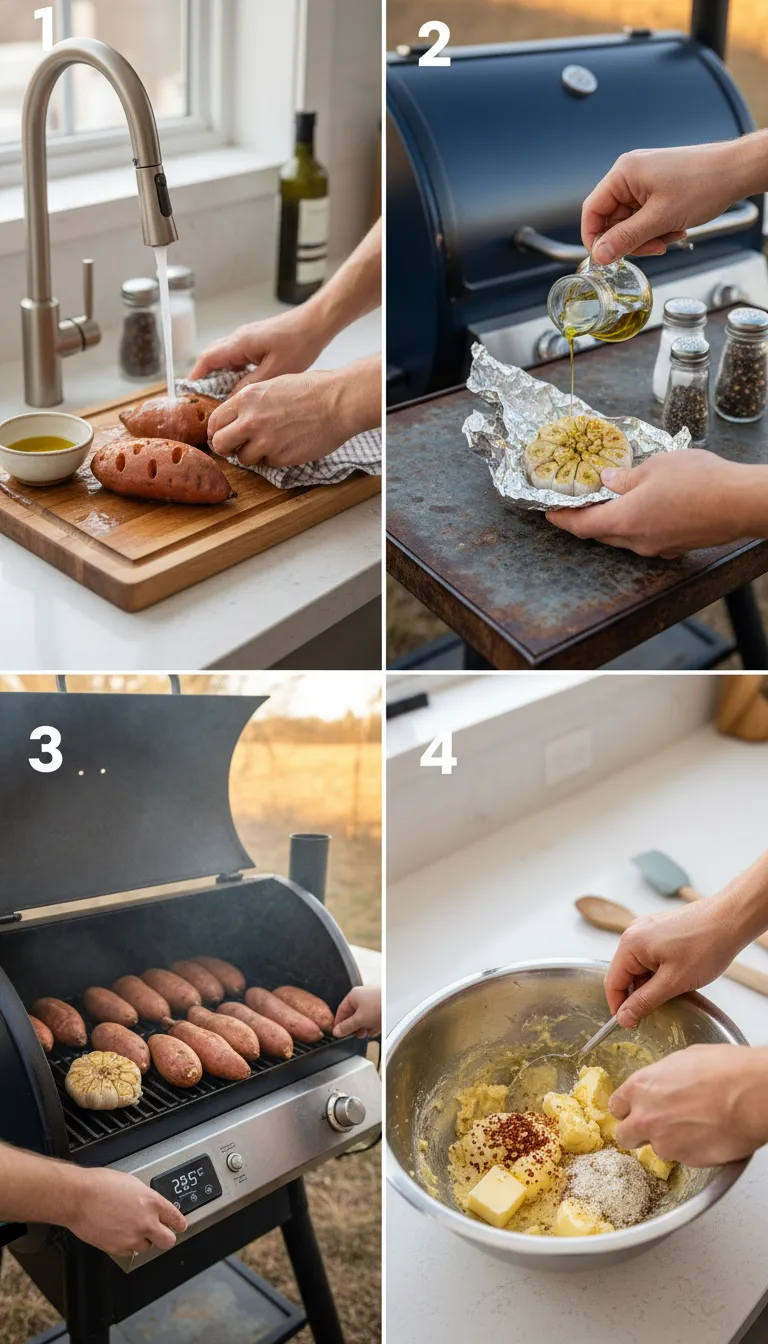 Traeger Smoked Sweet Potatoes with Roasted Garlic Butter Step by Step
