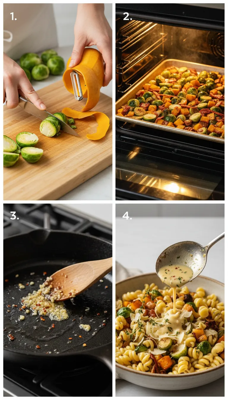 Turkey Bacon Brussels Sprouts Butternut Squash Pasta Step-by-Step